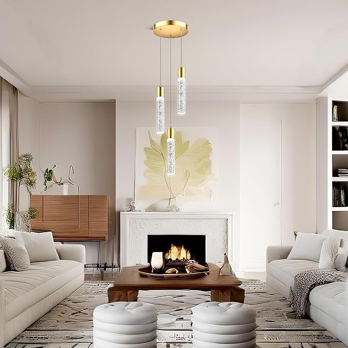 Pendant Lights Kitchen Island, 6500K Modern Kitchen Island Lights Brushed Gold, Ceiling Lighting Fixtures with Crystal Bubble, Integrated LED Hanging Light for Dining Room 1 Pack(3-Light)
