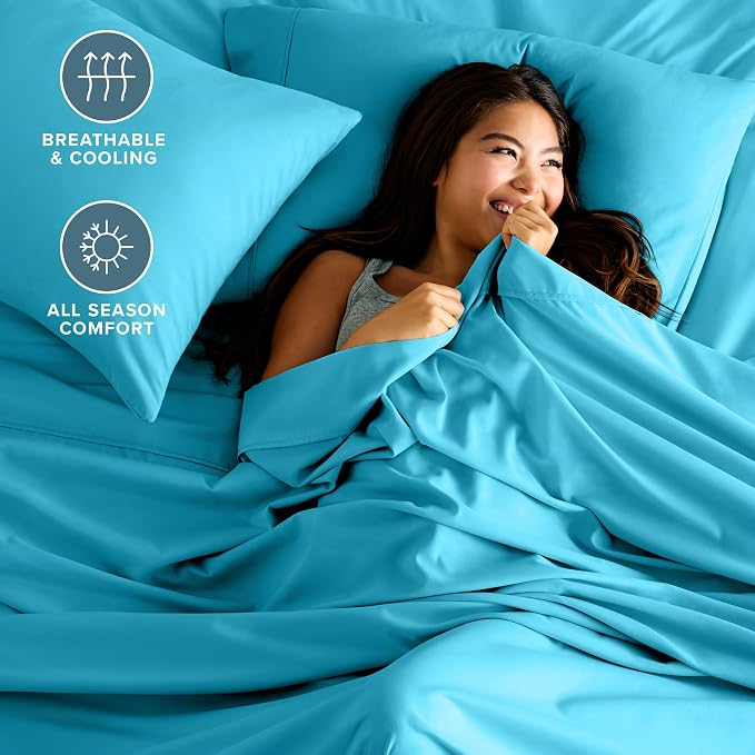 Bare Home Split Head Flex King Sheet Set - 1800 Ultra-Soft Microfiber Bed Sheets - Double Brushed - Deep Pockets - Easy Fit - 4 Piece Set - Bedding Sheets & Pillowcases (Aqua)