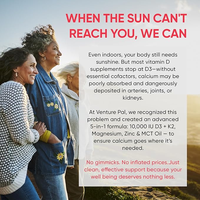 Venture Pal Vitamine D3 10000 UI et K2 MK-7 200mcg 5-en-1 avec Magnésium, Huile MCT, Zinc, Vitamine D Liquide Sans Sucre | Absorption Maximale pour la Santé des Os, l'Humeur et le Système Immunitaire - 60 ml, 67 Jours