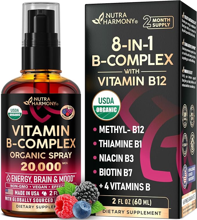 Vaporisateur liquide de vitamine B-Complexe certifié biologique par l'USDA 8-en-1 - B5 Acide pantothénique | B12 Méthylcobalamine | B1 Thiamine | B6 Pyridoxine | B7 Biotine | B9 Acide folique | B3 Niacinamide - Complément fabriqué aux États-Unis, 60 ml