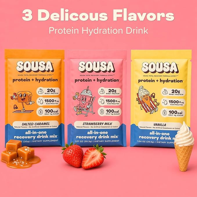 Sousa Protein + Hydration Total Recovery Formula, 20g Protein, 1500mg Electrolytes, Vitamins C, B3, B6, B12, 14 Servings (Vanilla)