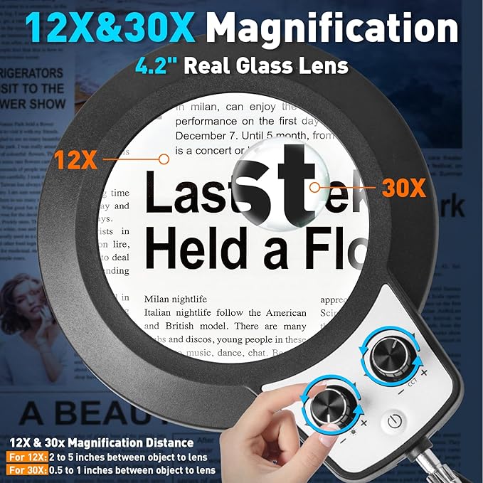 KIRKAS 12X Magnifying Glass with Light and Stand, Any Color Modes & Stepless Brightness LED Magnifying Lamp with Clamp, 2-in-1 Magnifier Glass Lens Desk Lamp for Reading(12X&30X Ring Base & Clamp)