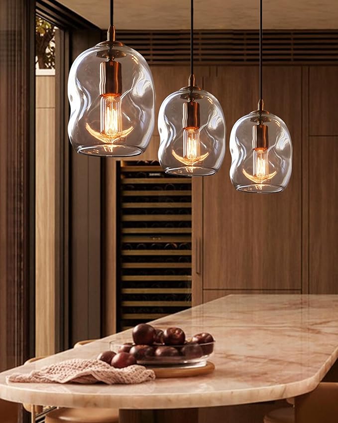 CASAMOTION Glass Pendant Light Gold and Clear Organic Globe Ceiling Hanging Fixtures Modern Industrial Ambient Lighting Over Kitchen Island Sink Bar Counter Porch Small Medium Lamp 8 Inch H