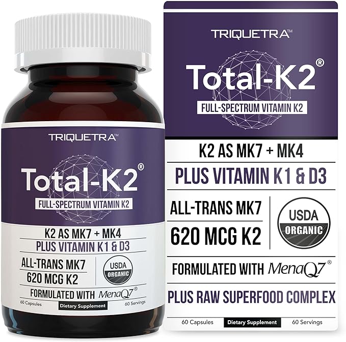 Total K2® | Vitamine K2 sous forme de MK7 et MK4 | Plus K1 et vitamine D3 cofacteur - 620 mcg de K2 par portion - MK7 tout-trans issue de MenaQ7® - Vitamine K à spectre complet - Végétalienne, certifiée biologique (60 gélules)