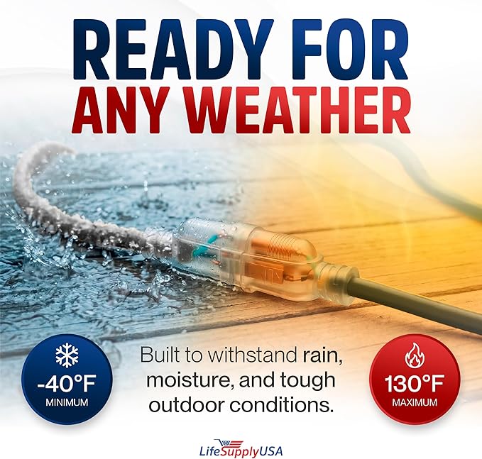 50ft Outdoor/Indoor Extension Cord 12/3 Gauge Extra Heavy Duty 3 Prong SJTW, Waterproof, Flexible Cold-Resistant Long Power Cord,15A 125V 1875W, Black by LifeSupplyUSA
