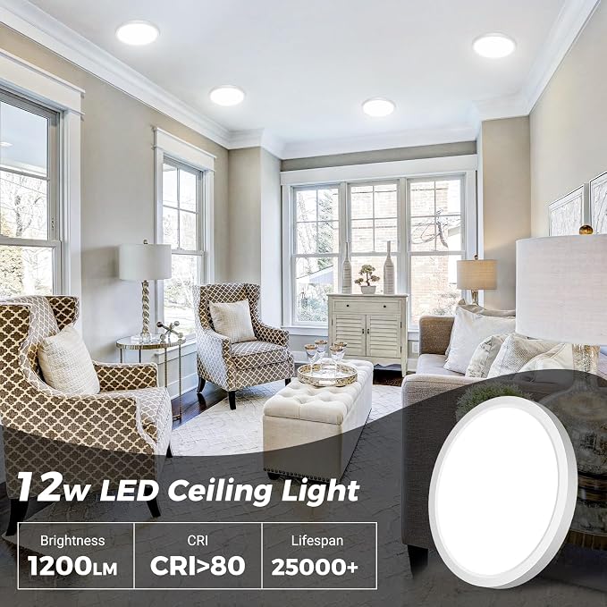 hepside 6PACK Flush Mount LED Ceiling Light Fixture White, 6.5Inch 12Watt, Dimmable & 3000K-4000K-6500K Ceiling Lamp 1200LM Low Profile Ceiling Light for Kitchen Bedroom Hallway Porch
