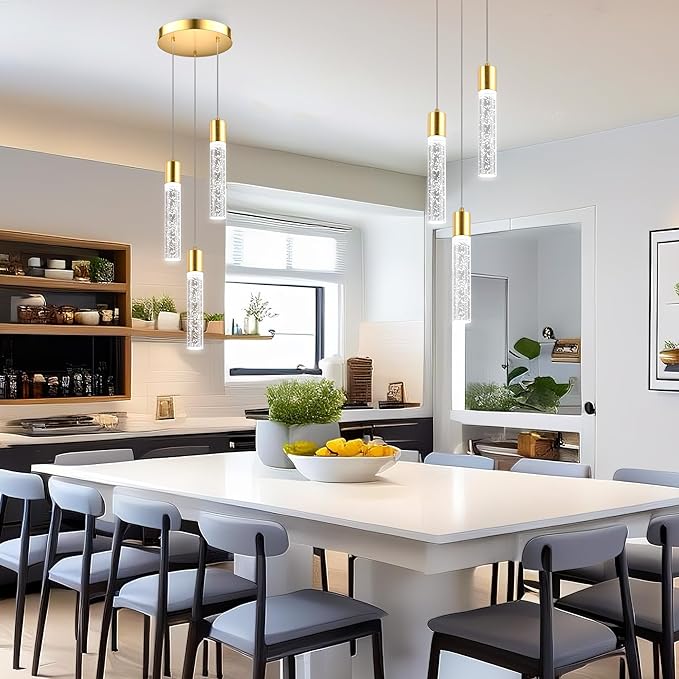 Pendant Lights Kitchen Island, 6500K Modern Kitchen Island Lights Brushed Gold, Ceiling Lighting Fixtures with Crystal Bubble, Integrated LED Hanging Light for Dining Room 1 Pack(3-Light)