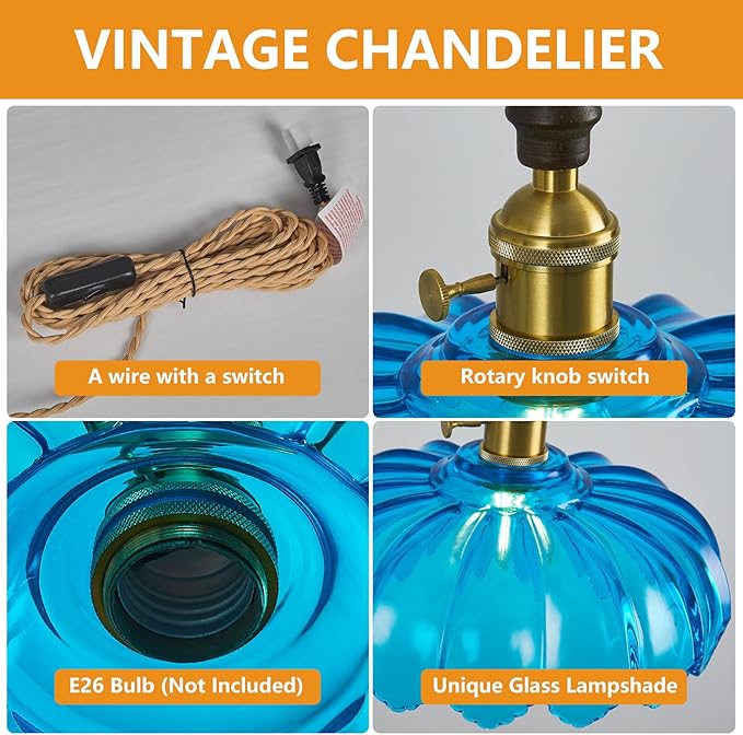 Modern Blue Plug in Glass Pendant Light Retro Flower Glass Hanging Lamp Gold Brass Decorative Adjustable Ceiling Hanging Light Suitable for Kitchen Island Bedroom Dining Room Living Room