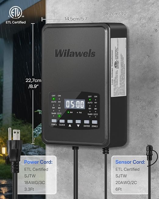 400W Low Voltage Landscape Transformer, 2 Zone Independent Control Landscape Lighting Transformer, 120VAC to 12/14V AC Low Voltage Transformer with Timer & Photocell Sensor ETL Listed D23LT06