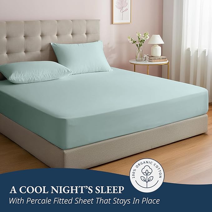 LANE LINEN Full Size Fitted Sheet & Pillowcases (No Flat Sheet) - 100% Organic Cotton Soft & Breathable Percale Weave Fitted Sheet Set - 15'' Deep Pocket For Snug Fit - GOTS Certified - Cool Blue