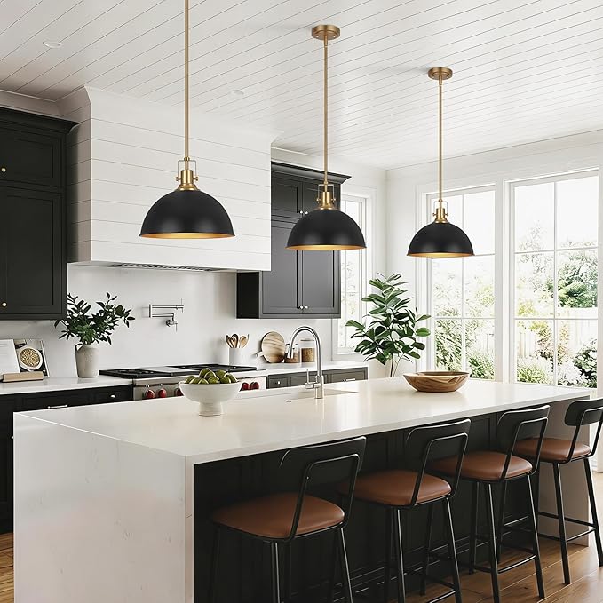 LamQee 13 Inch Black and Gold Metal Pendant Light Kitchen Island, Farmhouse Modern Dome Pendant Light Fixtures Ceiling Hanging Lighting Chandelier for Dining Room Over Table, Bar, Hallway, Entryway