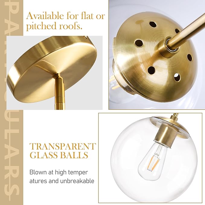 Bagood 10 Inch Globe Pendant Light Gold Mid Century Pendant Light Adjustable Hanging Light Fixture Globe Pendant Lights Kitchen Island Clear Glass with Brass Finish for Dining Room
