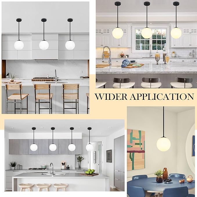 Bagood 8" Globe Pendant Light Black Mid Century Modern Light Fixture Milk Glass Pendant Light Globe Pendant Lights Kitchen Island Matte Black Finished with Milk Glass Lampshade for Dining Room