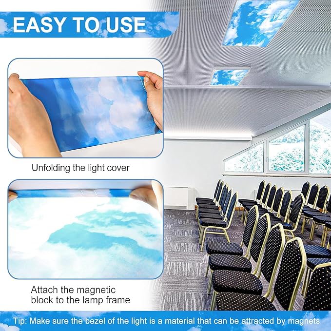 Aheroi Fluorescent Light Covers, 12Pcs 4 x 2 Feet Ceiling Light Covers Classroom, Magnetic Cover for Lights, Office Cloud Lights for Ceiling Decor Fixture Replacement Globes & Shades(Cloud Blue Sky)