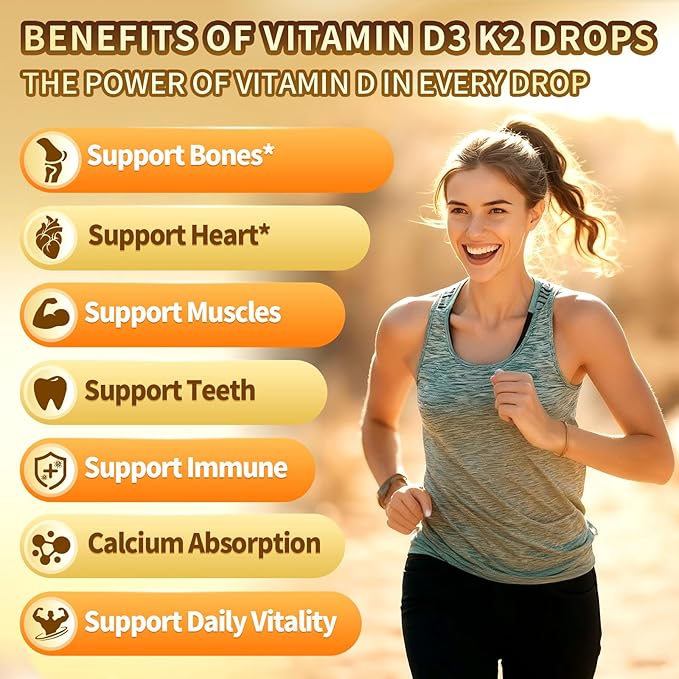Gouttes de Vitamine D3 K2 VivoNu, D3 20000 UI et K2 sous forme de MK-7 400mcg avec Magnésium, Calcium, Zinc et Oméga 3 pour la Santé Immunitaire*, l'Humeur*, les Os*, Complément Liquide de Vitamine D Saveur Orange, Sans OGM (1)