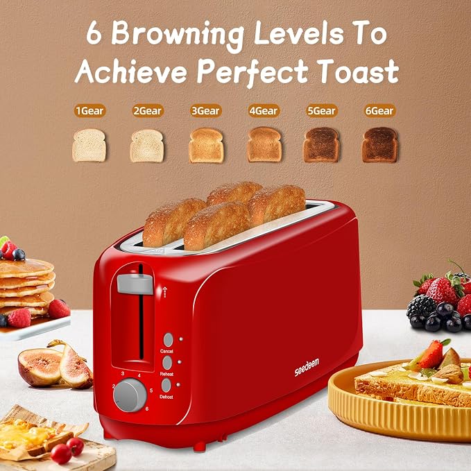 SEEDEEM 4 Slice Toaster, Extra Wide Slots Bread Toaster with 6 Shade Settings, Bagel/Cancel/Defrost/Reheat Functions, Removable Crumb Tray, Auto Shut-Off, Red