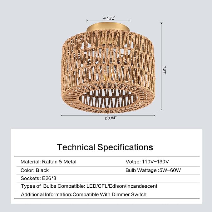 Rpzloila Rattan Ceiling Light, 1 Light Bohemian Modern Woven Flush Mount Ceiling Light, Boho Light Fixture for Bedroom Living Room Dining Room, Gold Finish