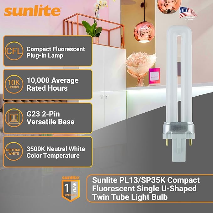 Sunlite PL13/SP35K Compact Fluorescent Single U-Shaped Twin Tube Light Bulb, 13 Watts, 120 Volts, 720 Lumens, 2-Pin GX23 Base, 3500K Neutral White, 10 Pack