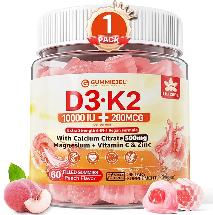 ビタミンD3 K2 グミ 5000IU / 10,000IU、カルシウム 500mg + K2(MK-7) 200mcg、マグネシウム、ビタミンC、亜鉛配合、高強度 - 骨、筋肉、歯に究極の吸収力、ヴィーガン、60個入り (1パック)
