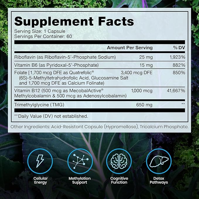 Methyl B Complete - 60 Vegetable Capsules | Optimal Methylation Support Supplement with Quatrefolic 5-MTHF (Active folate), Methylcobalamin (Active B12), B2, B6, and TMG | Pharmaceutical Grade