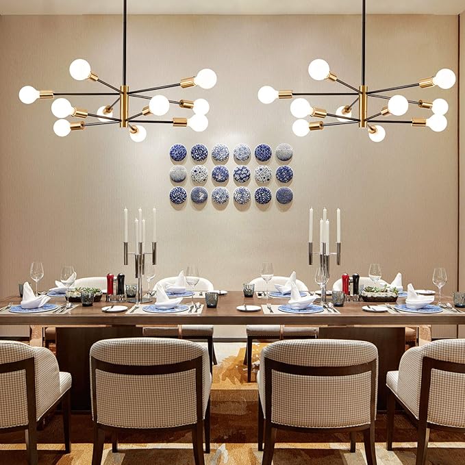 KAISITE Modern Chandelier Dining Room Light Fixture Over Table 10-Light Sputnik Chandelier Ceiling Light Fixture Height Adjustable Black and Gold Mid Century Pendant Lighting for Kitchen Living Room