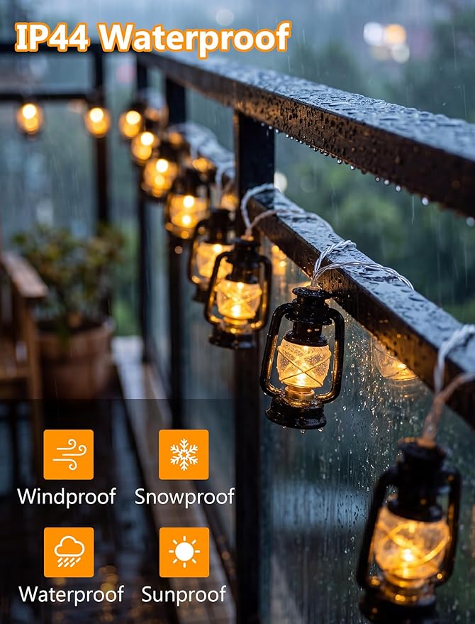 8.5Ft Black Mini Kerosene String Lights, Vintage Decorative String Lights with 10 LED Kerosene Lantern Bulbs, Waterproof Connectable Plug in Fairy Lights for Camping Patio Bedroom Party Holiday Decor