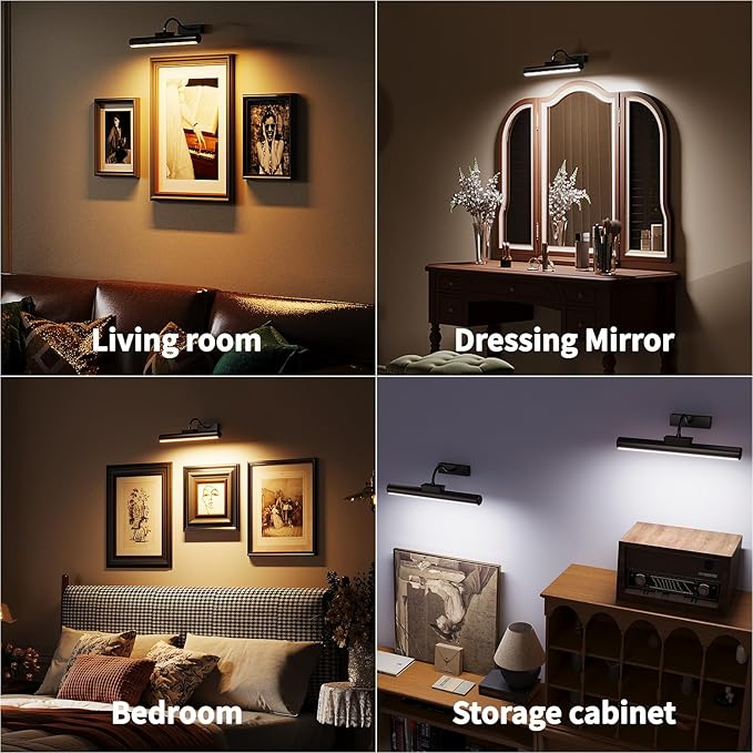 16" Aluminum Wireless Picture Lights for Wall, 5000mAh Rechargeable Battery Operated Wall Art Lighting, Dimmable 3-Color Gallery Painting Light for Pictures On Wall, with Remote/Timer [Black, 1Pack]