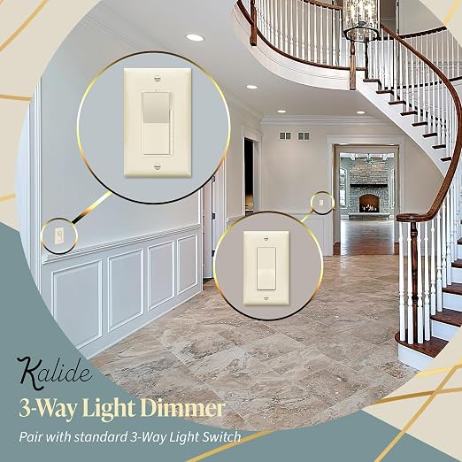 TOPGREENER Kalide Dimmer Light Switch, LED Dimmer Switch, Full Range Dimming, Single Pole/3-Way, 120VAC, 60Hz, 300W LED/CFL, Neutral Wire Not Required, Wall Plate Included, Light Almond