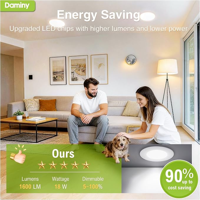 DAMINY 12 Pack 8 Inch LED Recessed Lighting with Junction Box,5CCT,Ultra-Thin Recessed Light,18W 1600lm, Dimmable Canless Wafer Ceiling Light, High Brightness