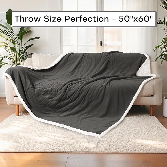 Electric Heated Blanket Throw Size 50"x60" – ETL Certified for Safe Overnight, 4 Heat Settings & 3H Auto Off, Dual-Sided Microplush Sherpa for Home Theater Night, Machine Washable – Iron Gray