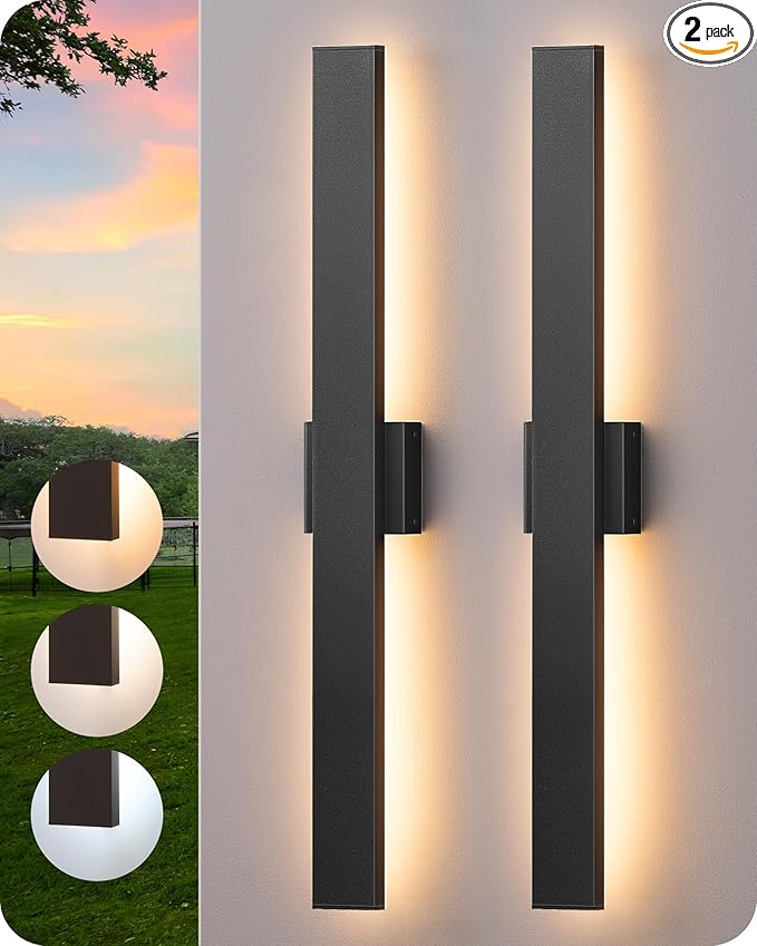 EDISHINE 31.5" LED Outdoor Wall Lights, 3CCT & 10%-100% Dimmable, IP65 Waterproof, Modern Exterior Lighting Fixtures, Long Exterior Wall Lights for Garage, Front Door, 2 Pack, Black