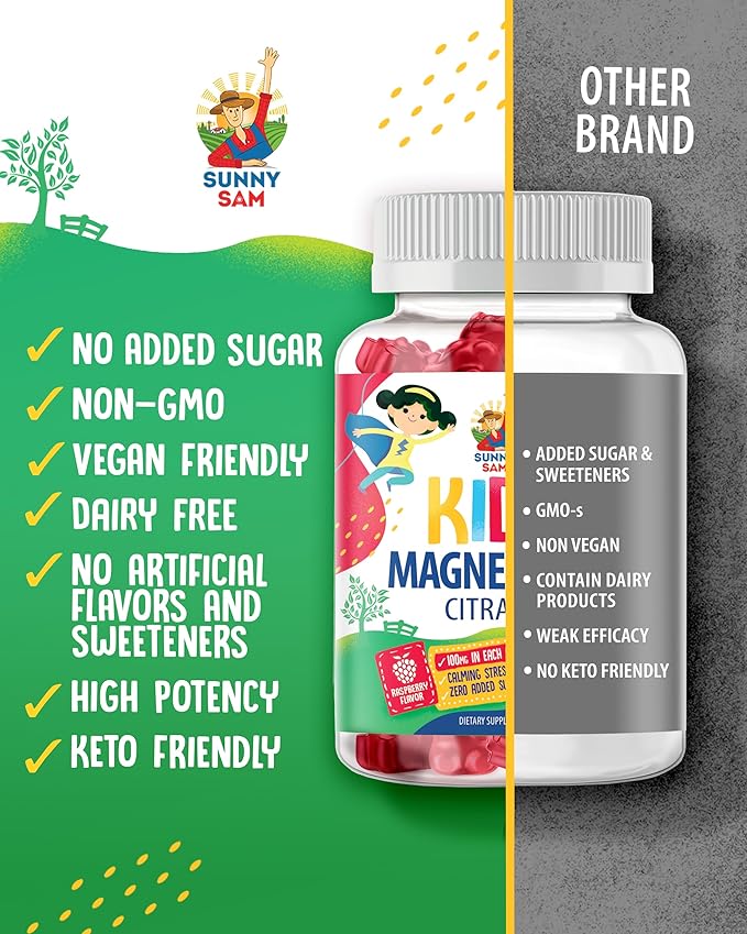 SUNNY SAM Vitamin D3 K2 Gummies 5000 IU & Magnesium Gummies for Kids Citrate Chewable Supplement for Mood & Muscle Support