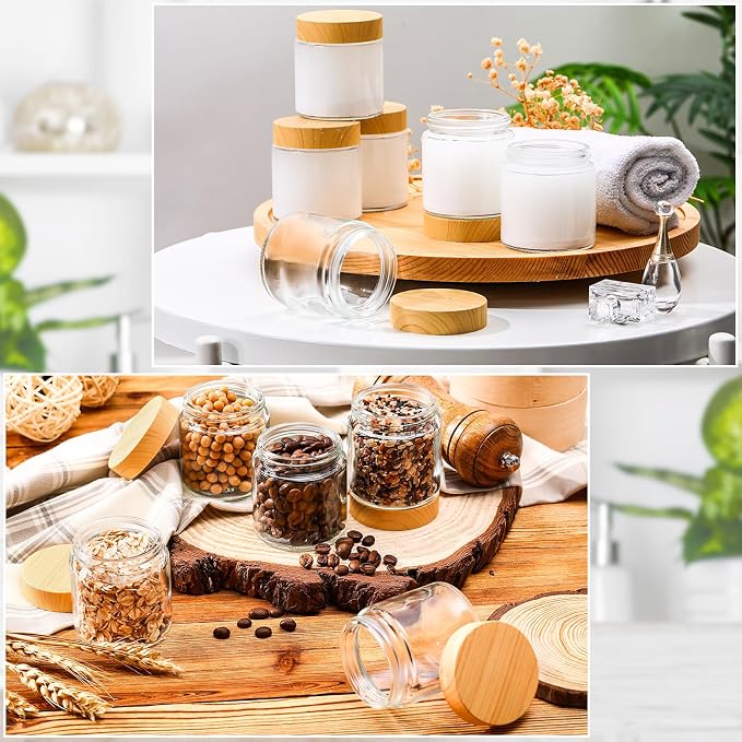 Norme 24 Pcs 4 oz Glass Jars with Lids, Empty Glass Containers with Woodgrain Lids & Inner Liners, Reusable for Storing Creams Lotions Cosmetic Powder Ointments Making (natural wood)