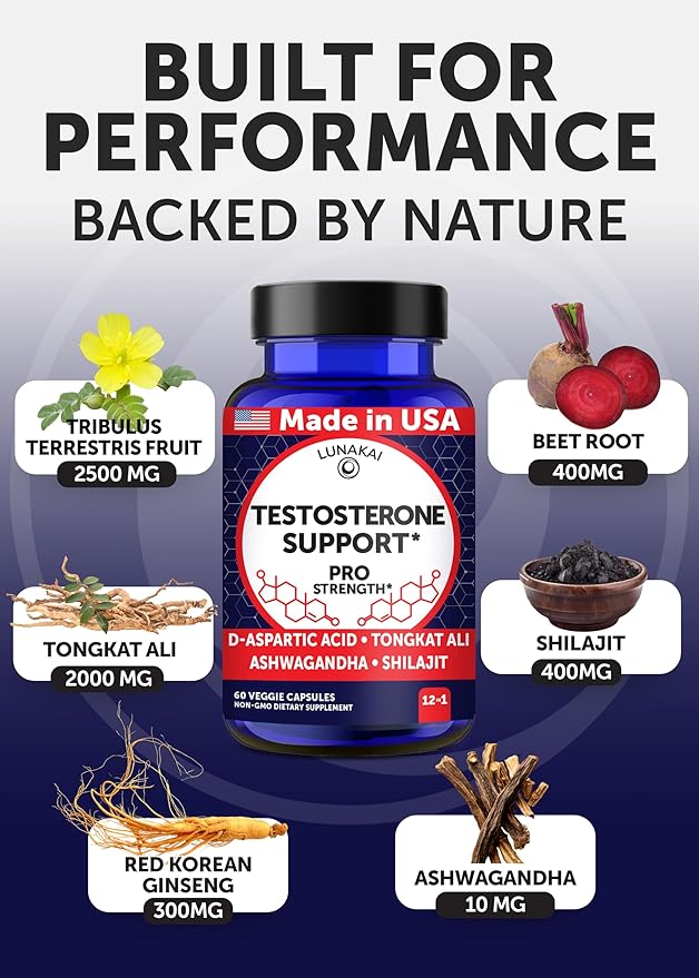 Lunakai USA Made Natural Testosterone Booster for Men with Tongkat Ali, Ashwagandha & Shilajit - Testosterone Supplement for Strength, Energy & Stamina, 60ct