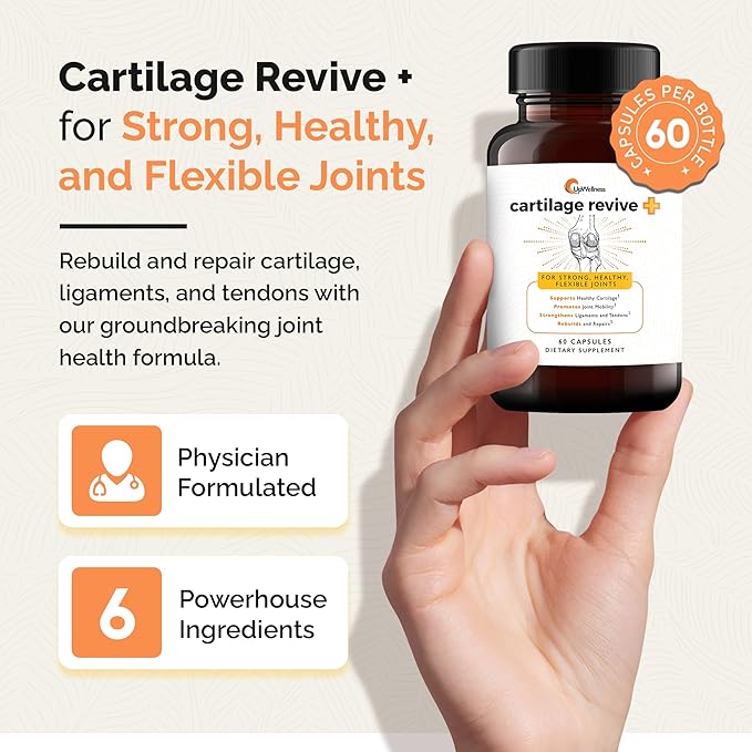 UpWellness Cartilage Revive + 関節サポートサプリメント 男女兼用 - D-グルコサミン硫酸塩、MSM、ビタミンD3、Cなどを配合 - 3ボトル