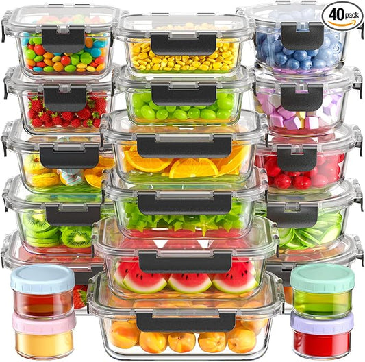 Canfanni 40 Piece Glass Food Storage Containers with Lids, Borosilicate Meal Prep Containers, BPA-Free, Stackable, Airtight Leak-Proof, Microwave, Dishwasher, Freezer Safe (20 lids & 20 Containers)