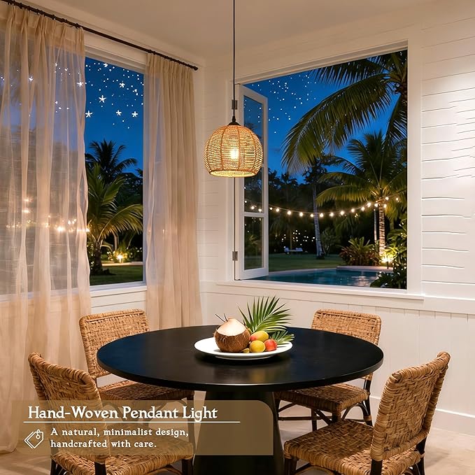 Plug in Mini Hemp Rope Woven Pendant Light Woven Light Fixture Boho Chandelier Wicker Pendant Lights Rattan Plug in Cord Hanging Lights Dome Wicker Chandelier for Bedroom (Bulb Incl.)