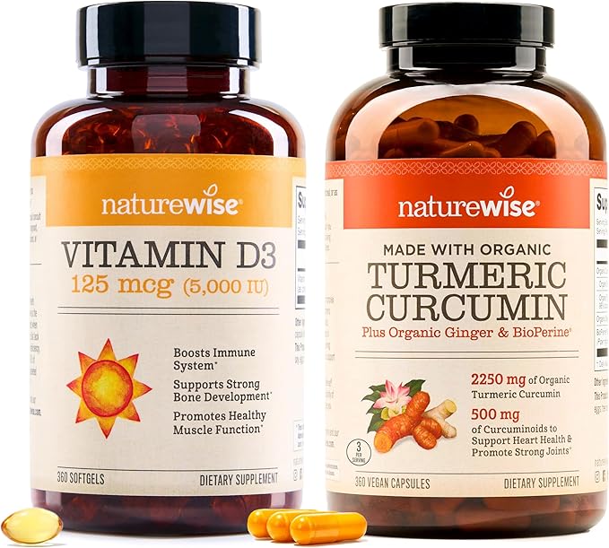 NatureWise Vitamine D3 5000 UI (125 mg) 360 gélules + Curcumine Curcuma 2250 mg avec poivre noir, 95 % de curcuminoïdes, 360 gélules - Lot pour la santé immunitaire et articulaire - Sans gluten, sans OGM