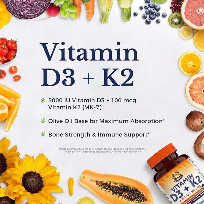 Complément Vitamine D3 K2 Vitalitown, D3 5000 UI, Vitamine K2 MK-7 100 mcg, Sans OGM, Sans Gluten ni Soja, pour la Santé des Os, des Dents, du Système Immunitaire et Cardiaque, 120 Gélules Molles