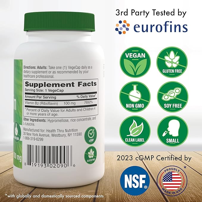 Health Thru Nutrition Riboflavine 100mg Vitamine B2 100 Végécaps | Soutient une fonction métabolique énergétique saine et le système nerveux | Testé par des tiers | Sans OGM, soja et gluten, hypoallergénique