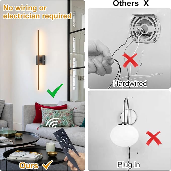 15800 mAh Battery Operated Wall Sconces with Remote Control, Dimmable Wall Sconces Set of Two 3000K LED Matte Black and Brass Gold Wireless Wall Light Battery Powered Cordless Rechargeable Wall Lamps