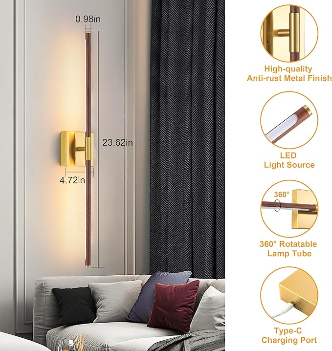 Morauroral 40″ Walnut Battery Operated Wall Sconces Set of Two, Dimmable Wall Sconce with Remote Control, Rechargeable Sconces Wall Lighting, LED Wireless Wall Lights for Bedroom, Living Room