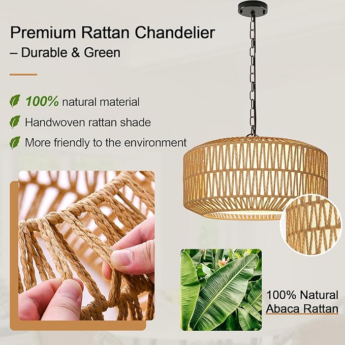 9"-52" Height Adjustable Farmhouse Chandelier Light Fixture, 5-Light Rattan Boho Chandeliers for Dining Room, Hand Woven Pendant Light with Linen Shade, Rustic Hanging Lighting for Kitchen Island