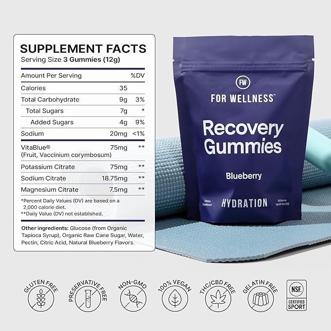 Electrolyte Recovery Gummies - Blueberry Flavor Hydration Gummies with VitaBlue - Blueberries & Electrolytes - Exercise Recovery, Energy Boost, Replenishment & Antioxidants Non-GMO, Vegan, 90ct