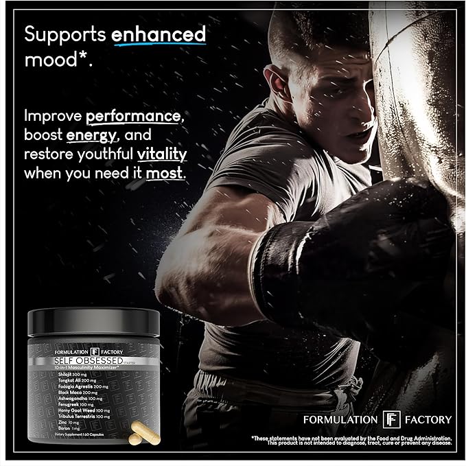 Formulation Factory Self Obsessed Masculine Vitality & Testosterone Support - 10-in-1 Complex with Shilajit, Tongkat Ali, & Fadogia Agrestis - 180 Capsules, 3 Month Supply