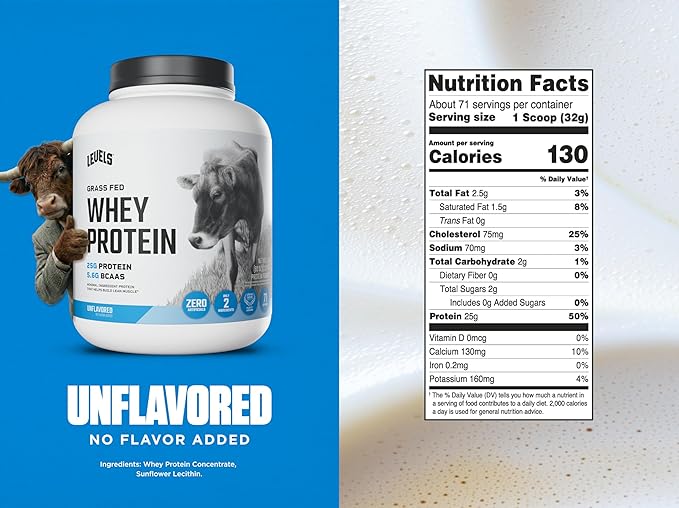 Levels Grass Fed Whey Protein Powder, No Artificials, 25G of Protein, Unflavored, 5LB