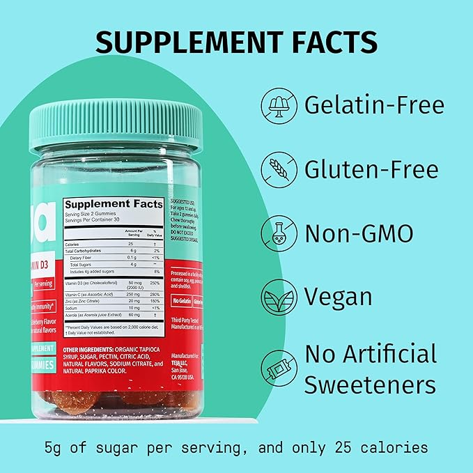 Gummies de soutien immunitaire TEJA pour adolescents avec vitamine D 2000 UI, VIT C, Zinc et Acérola. Supplément à faible teneur en sucre, Multivitamine quotidienne pour l'immunité des adolescents de 12 à 17 ans et des adultes. 60 Gummies