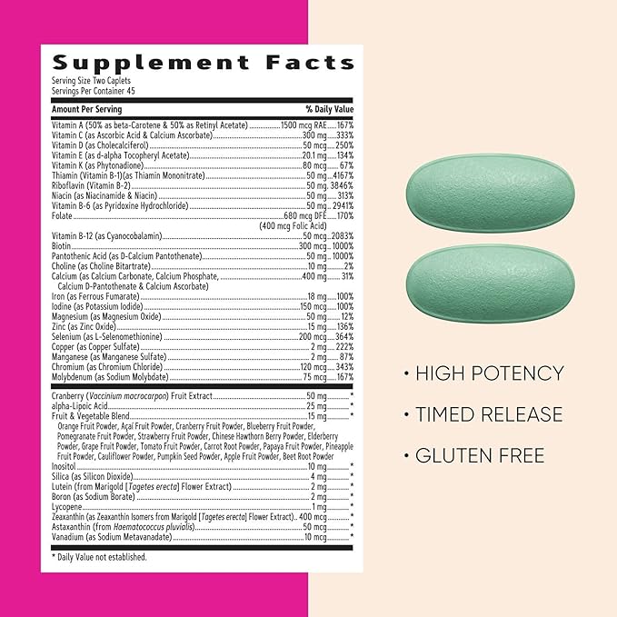 GNC Women’s Ultra Mega Multivitamin Caplets, Clinically Proven to Feel Better, Immune Support, Vitamin A, B, C, D, Iron, Biotin, Beauty, Gluten Free, Timed Release, 90 ct, 45 svgs
