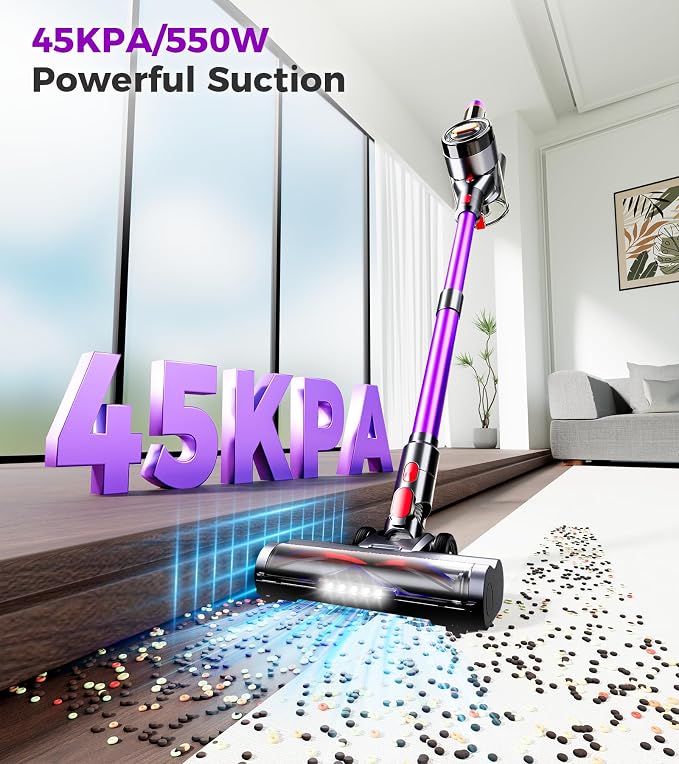 Cordless Vacuum Cleaner,Upgraded 550W 45KPA Vacuum Cleaners for Home, 60Mins Stick Vacuum with Self-Standing,LED Display,Anti-Tangle,8-in-1 Wireless Vacuum for Carpet, Hardwood Floor & Pet Hair