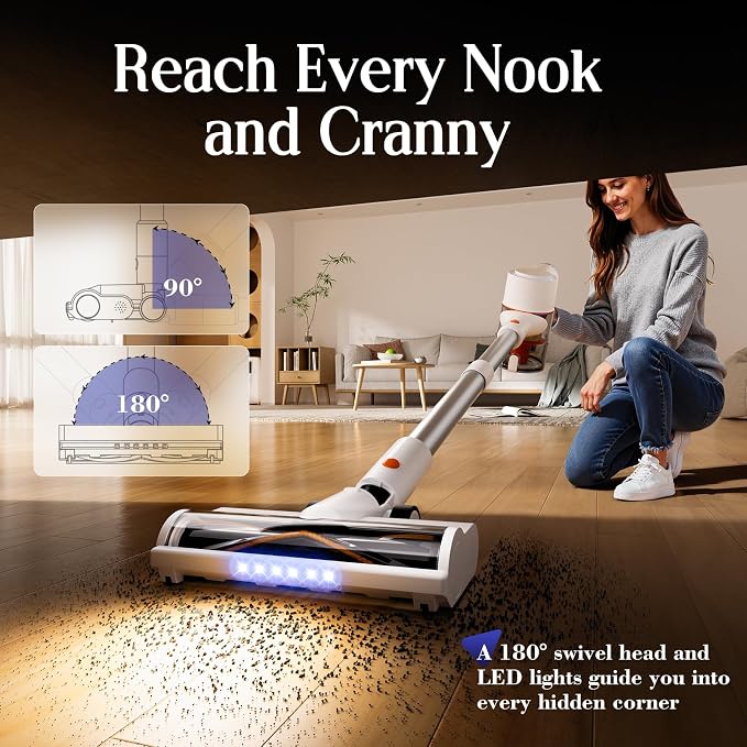 Cordless Vacuum Cleaner, Stick Vacuum with LED Touch Screen, 45KPA Powerful Suction, Up to 60 Mins Runtime, 7-Stage HEPA Filter, V-shaped Anti-Tangle Brush, Vacuum for Carpet, Hard Floor, Pet Hair